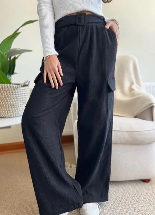 

Women's Pants 2025 Fashion Latest Casual Workwear Style Pants for Children with Belt, Loose Solid Color Corduroy Wide Leg Pants