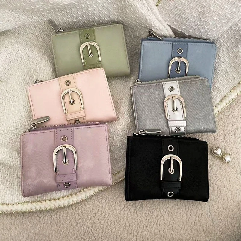 Retro Korean Style Short Wallet with Multiple Card Slots Two-Fold Zipper Pocket Money Bag for Women