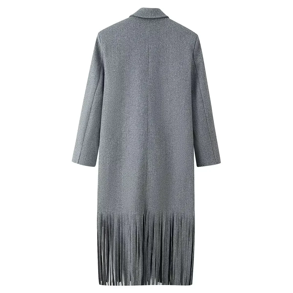 Modischer grauer Wollmantel mit Quasten für Damen, lässiger Revers-Mantel mit langen Ärmeln, doppelreihig, mit Taschen, lockerer langer Mantel, Damen-Outwear für den Alltag. – Detail 23