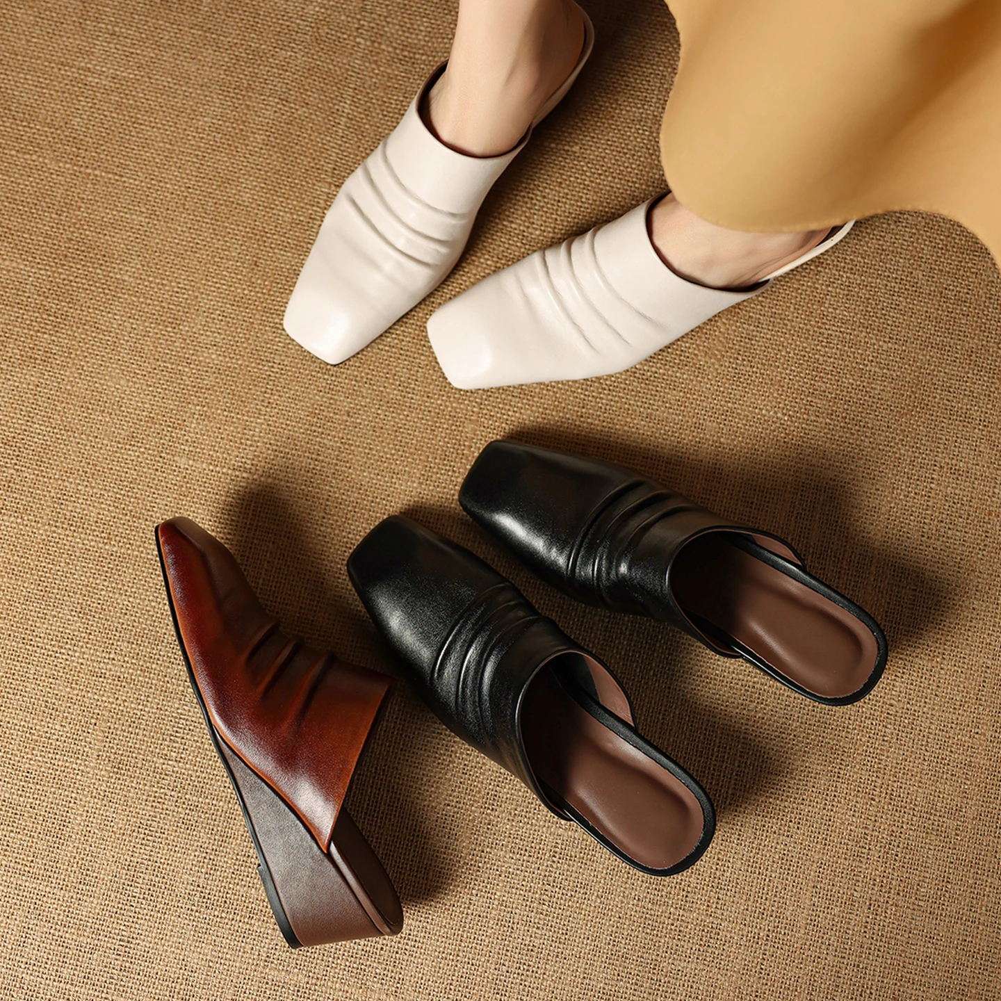 2026new summer women sandals natural leather 22-25cm cowhide+sheepskin+pigskin square-toe pleated mules high heel women slippers