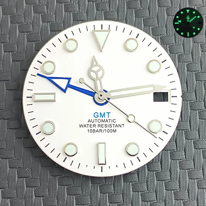 Zifferblatt-Zubehör, 28,5 mm GMT-Zifferblatt, grünes Paket, C3, leuchtend, kann mit Logo für 34 GMT NH-Uhrwerk, Uhrenzubehör angepasst werden