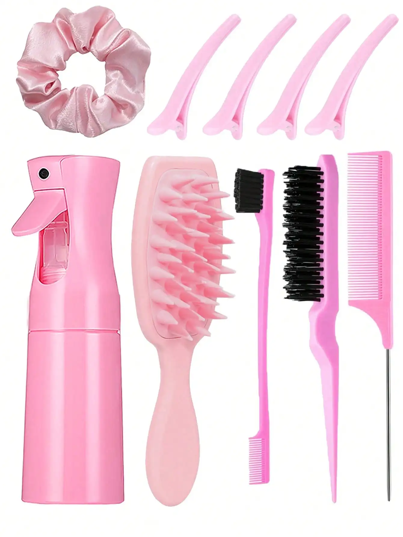 

1/10pcs Silicone Scalp Massage Brush Set, Including 1pc 200ml High Pressure Continuous Spray Bottle, 3pcs Hair Styling Brushes, 1pc Large Hair Scrunchie, 4pcs Bangs Clips. Suitable For Salons, Barbershops, Home And Travel Use, Fits All Hair Types, Craftin