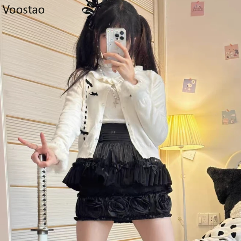 Autumn Winter Sweet Lolita Style Knitted Cardigan Women Casual Lace Bow O-Neck Ruffles JK Sweater Jackets Female Chic Kardigany