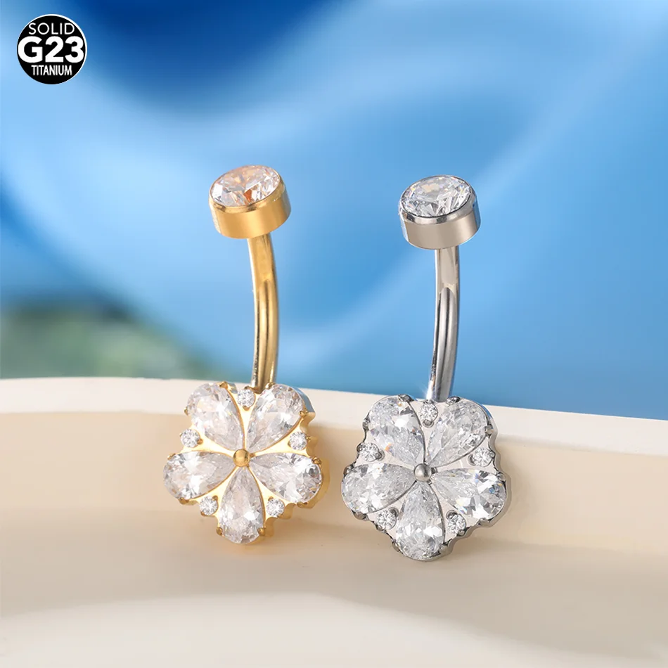 1pc Titanium Flower Zircon Navel Piercing Jewelry Internally Threaded Curved Barbell Belly Button Ring Piercings Omblig