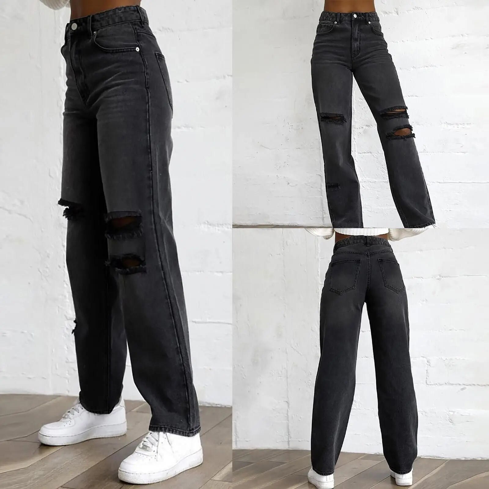 

2024 Spring Summer Slim Fit Jeans Women High Waist Distressed Denim Trousers Versatile Solid Color Straight Leg Pants Black