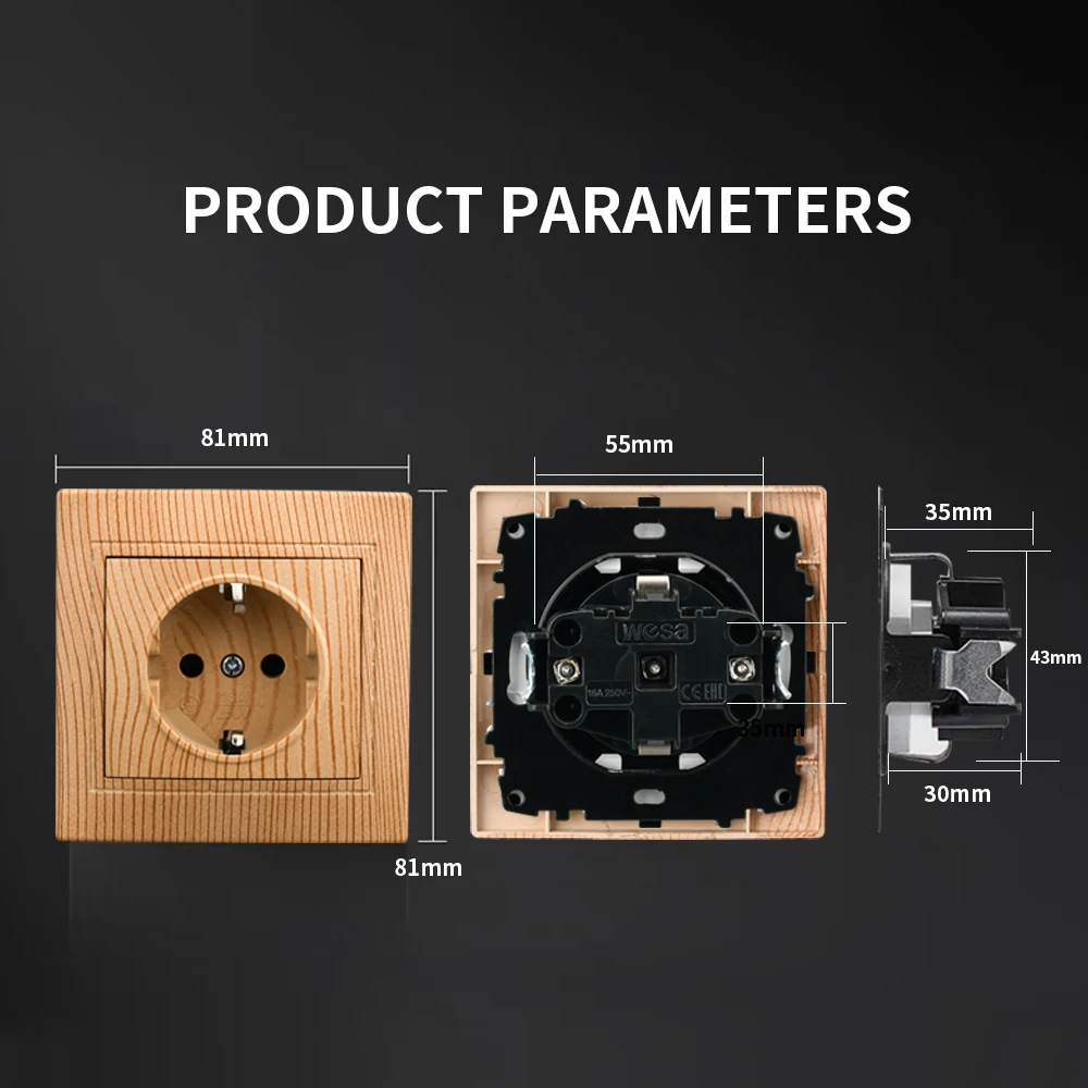 Wesa Hout Stopcontact 16A Eu Standaard Stopcontact Standaard Grond Stopcontact 86Mm * 86Mm Vlamvertragende plastic Panel