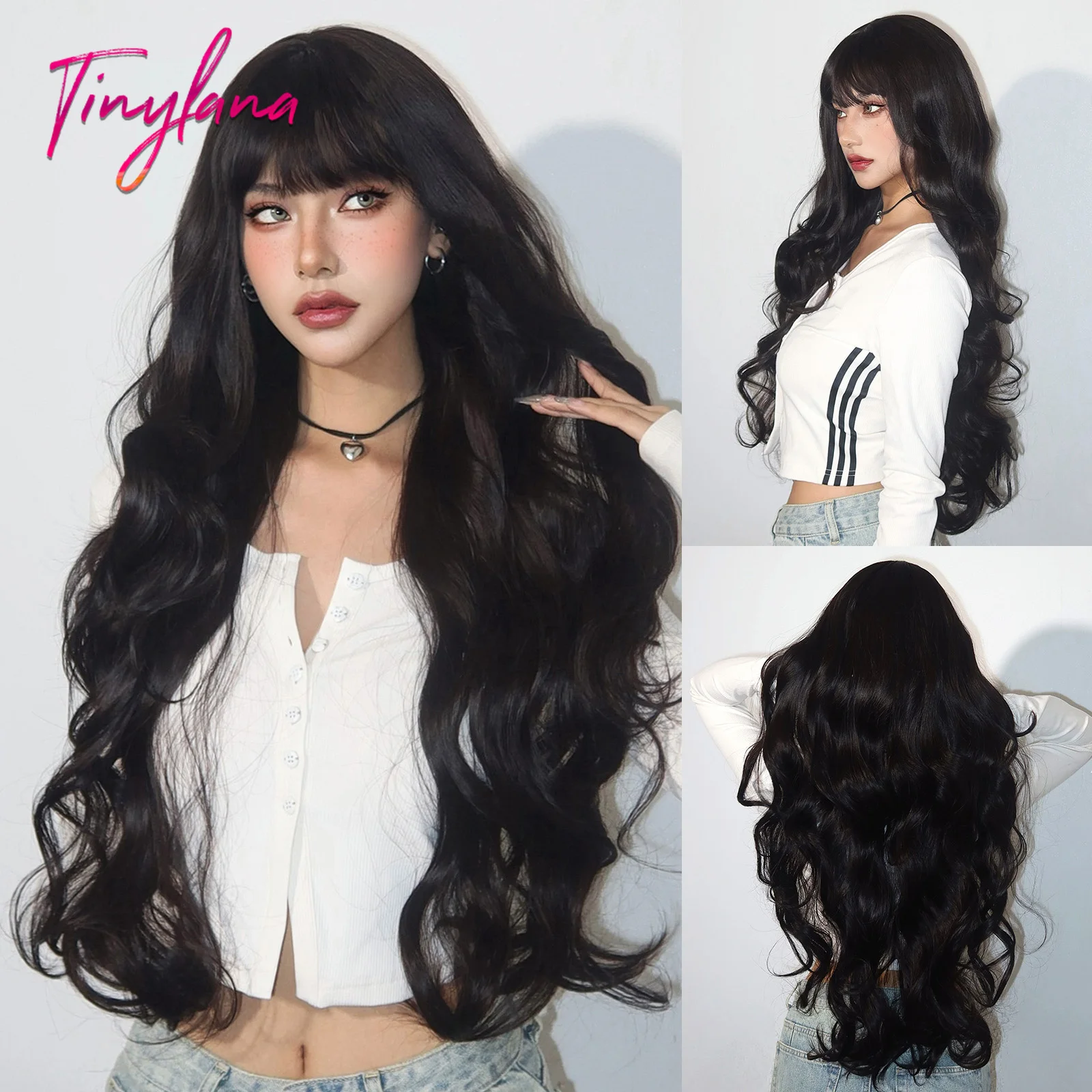 Wig sintetis hitam bergelombang Super panjang dengan poni untuk wanita Wig rambut alami Cosplay Halloween gelombang air gelap Afro tahan panas