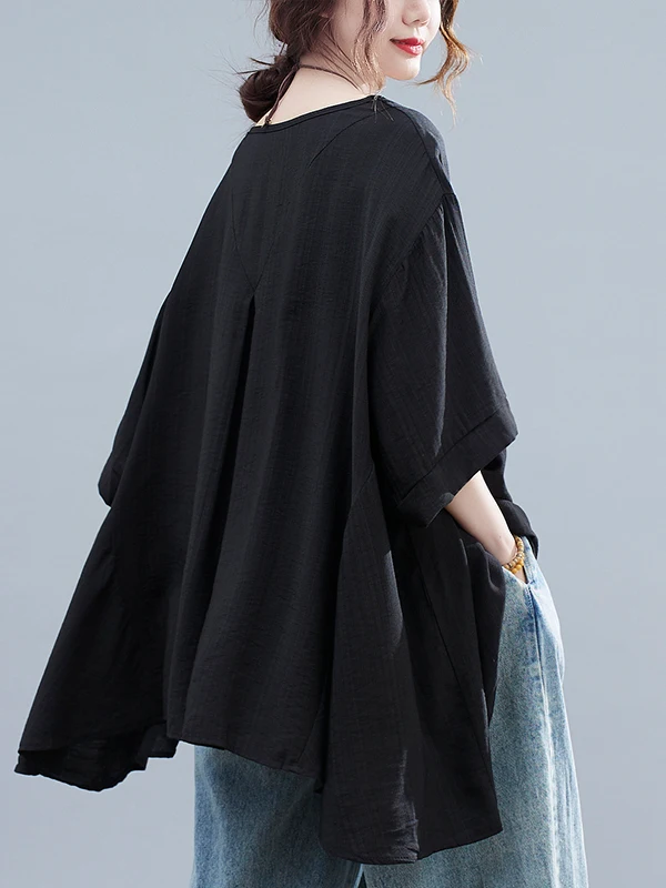 안티에이징 루즈핏 예술적 스타일 플러스 사이즈 여성용 티셔츠, 몸매를 가려주는 슬림핏 탑, 더 젊어 보이는 여름 의류