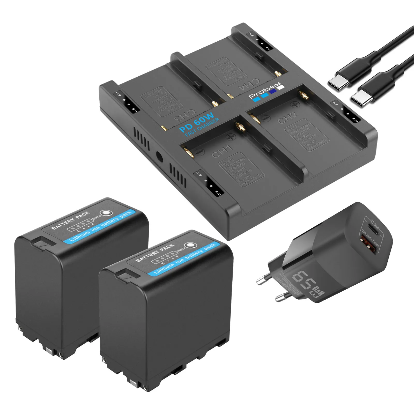 Probty 8800mAh NP-F970 vervangende batterij of 4-kanaals PD60W snellader voor NP-F550/750/770/970 fieldmonitor, videolamp