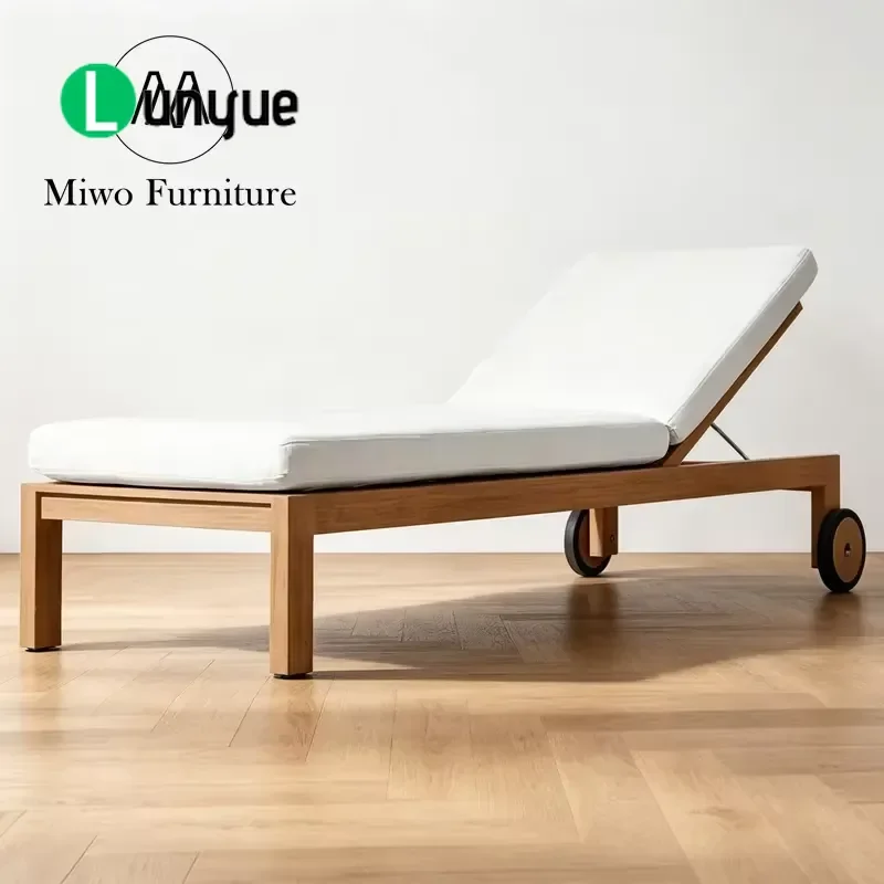 Modern Deluxe Teak Wood Pool Lounge Chair with Wheels Custom Solid Wood Garden Bed for Hotel Patio Outdoor Furniture Durable