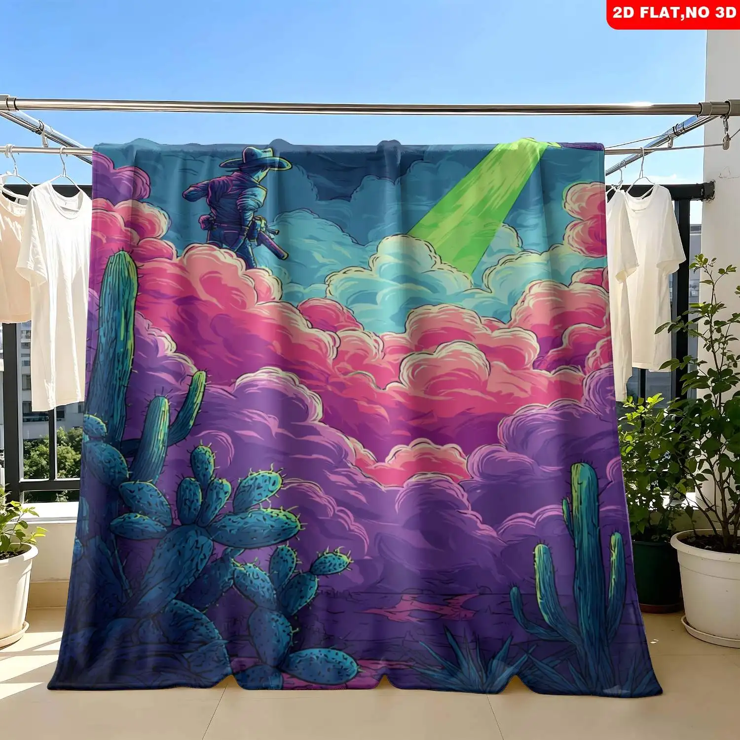 Large Fantasy Cactus Sky Blanket Throw 150x200cm Cosmic Aesthetic Dream Art Beach Picnic Decor