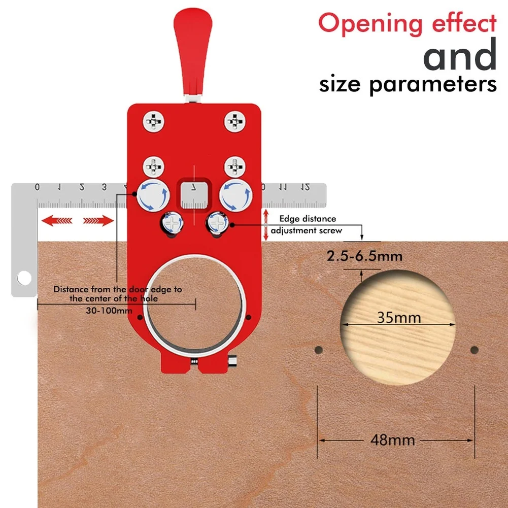 Aluminum Alloy Cabinet Door Hinge Drilling Jig 35mm Hole Opener with Adjustable Edge Distance 30mm to 100mm and 12mm Depth