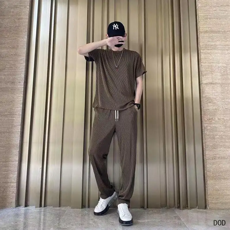 2024 Spring And Summer New Thin Suit Male Korean Version Trend Loose Silky Casual Hanging Louver Strip Elastic Breathable Suit