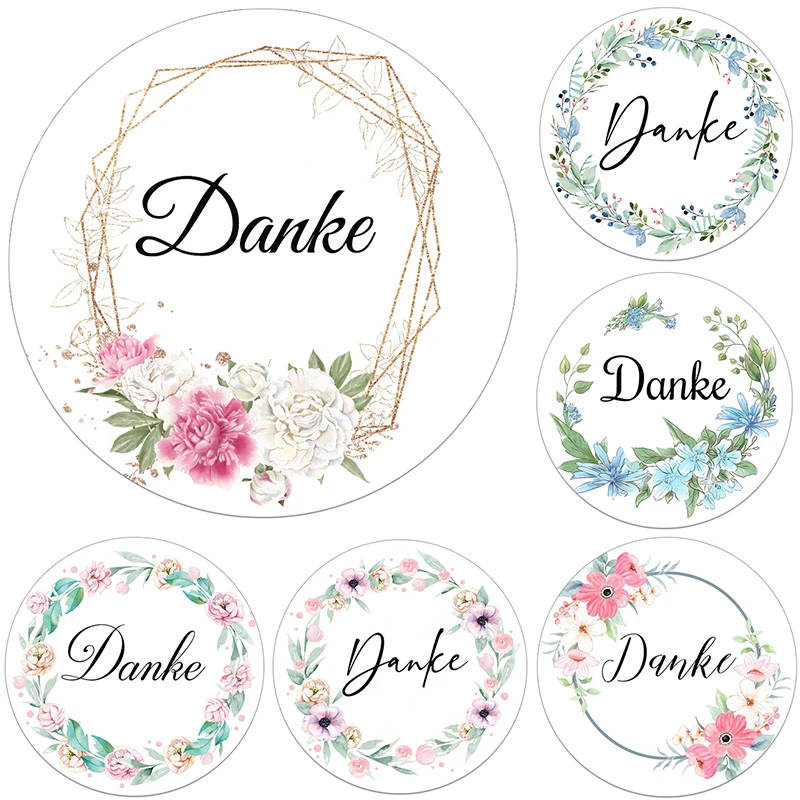 3.5/4.5cm Danke Round Stickers Thank you Labels Floral Frame Sticker Self-adhesive Seal Label Christmas Wedding Thanksgiving