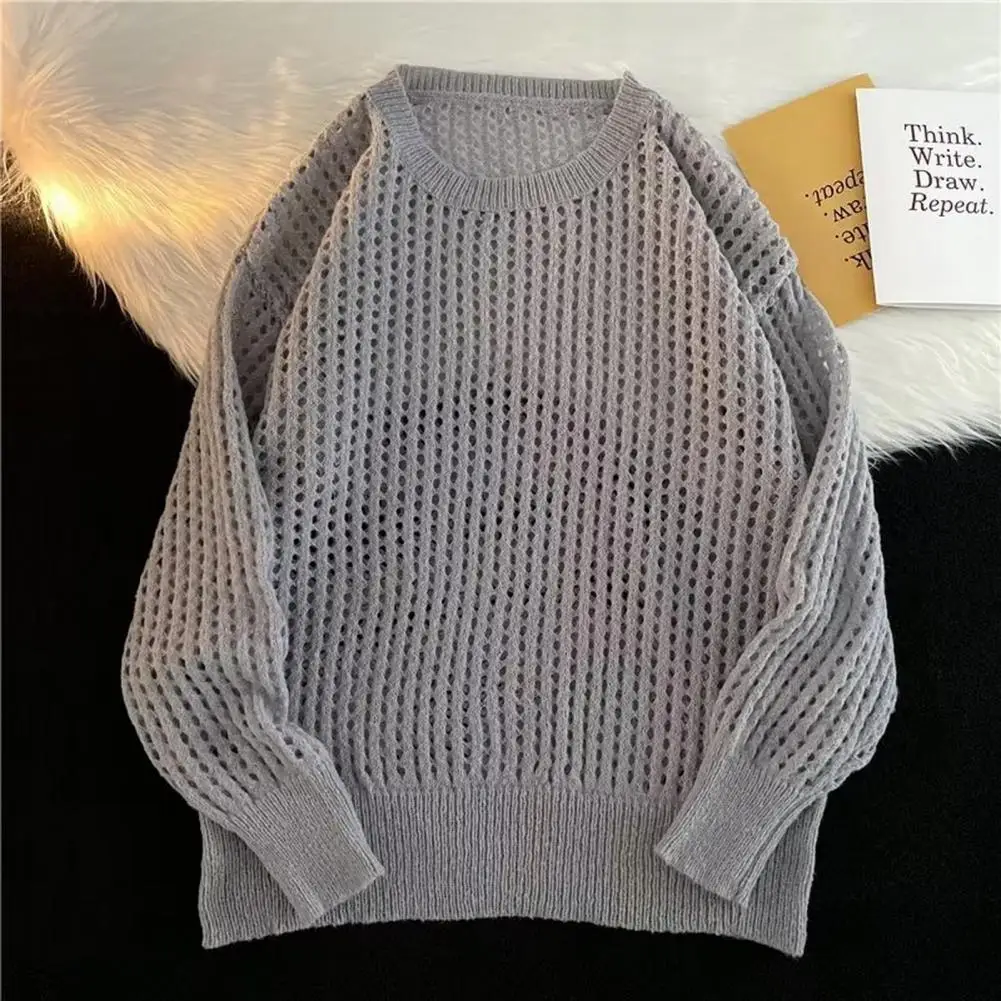 

Breathable Men Top Men's Spring Fall Fishnet Hollow Out Round Neck Sweater Loose Fit Knitted Elastic Soft Pullover for Clubwear