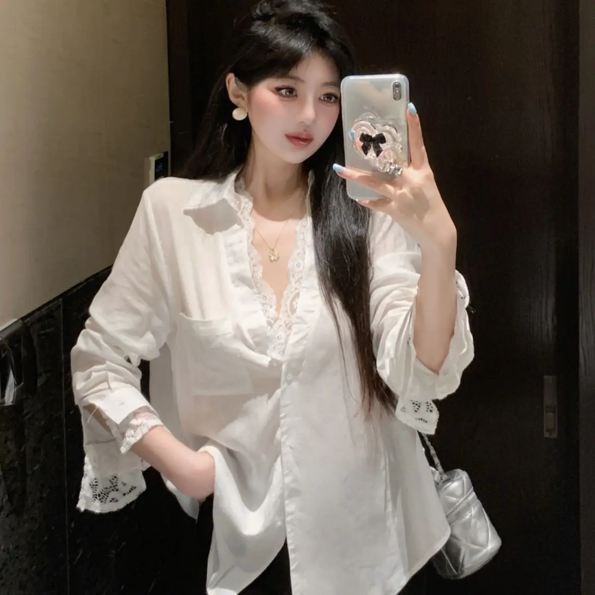 Tweedelig zonnebrandshirt voor dames in Koreaanse stijl met kanten versieringen - Sexy katoen-linnen gemengd herfstoutwear met lange mouwen