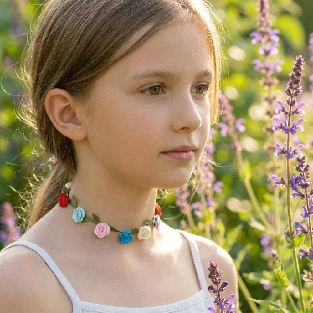 Splicing Green Leaf Ribbon Rose Flower Necklace Dopamine Style Collarbone Choker Satin Cloth Flower Choker Colorful