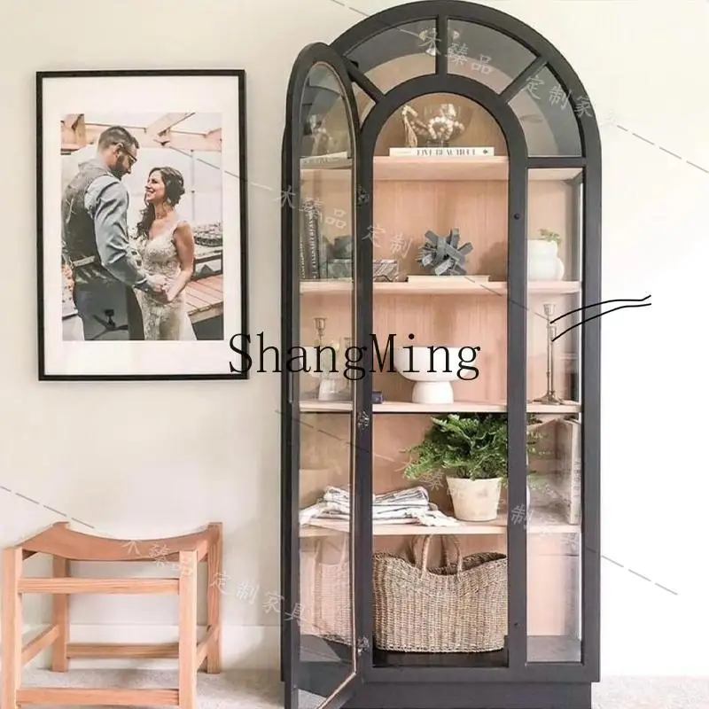 

ZC light luxury solid wood wine cabinet villa living room arched glass door large capacity display cabinet retro bookcase