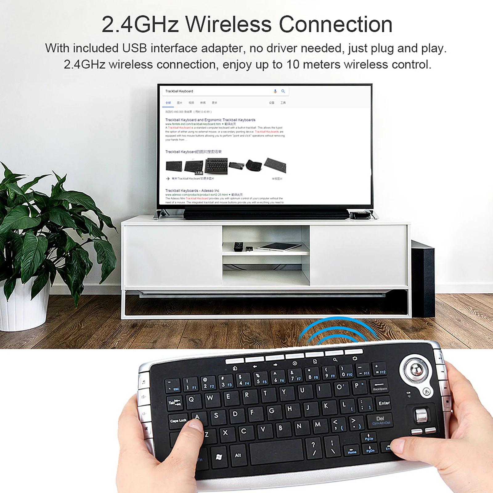 Klawiatura bezprzewodowa E30 2.4GHz z myszą trackball i regulacją poziomu przyczepności, pilot zdalnego sterowania do Android TV BOX, Smart TV, PC, Notebooka, srebrna