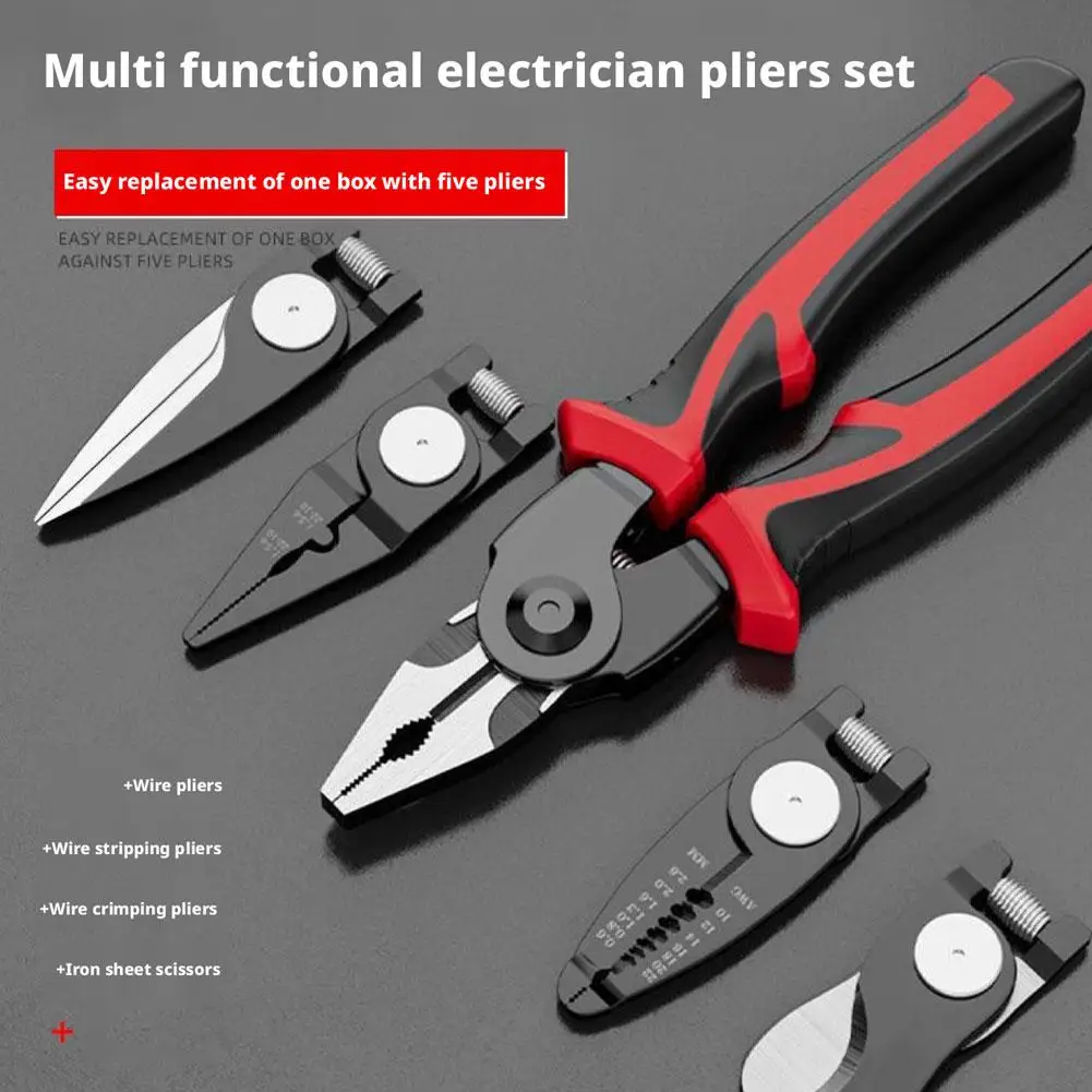 

Многофункциональные плоскогубцы 5-в-1 для электрика со сменными головками, набор инструментов для зачистки проводов, резки и обжима