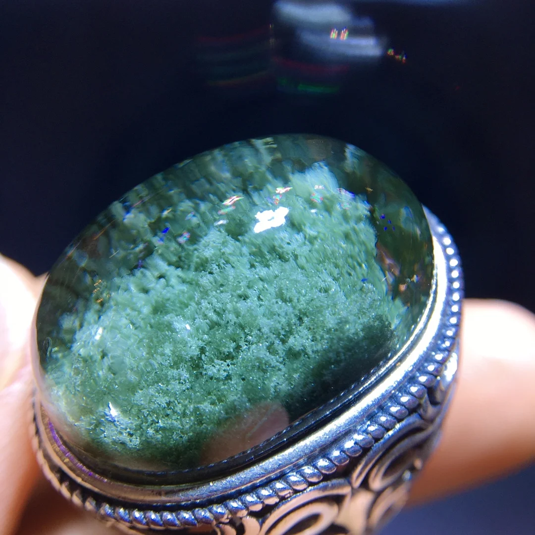 Natural Green Phantom Adjustable Ring Men 925 Silver Bead 25.5/17.8mm Phantom Women Men Jewelry AAAAAA