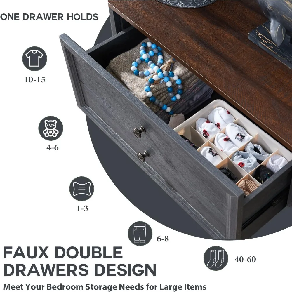 Commode rustique en bois à 6 tiroirs, coffre de rangement large 58 pour chambre à coucher, organisateur avec deux fonctionnalités distinctives