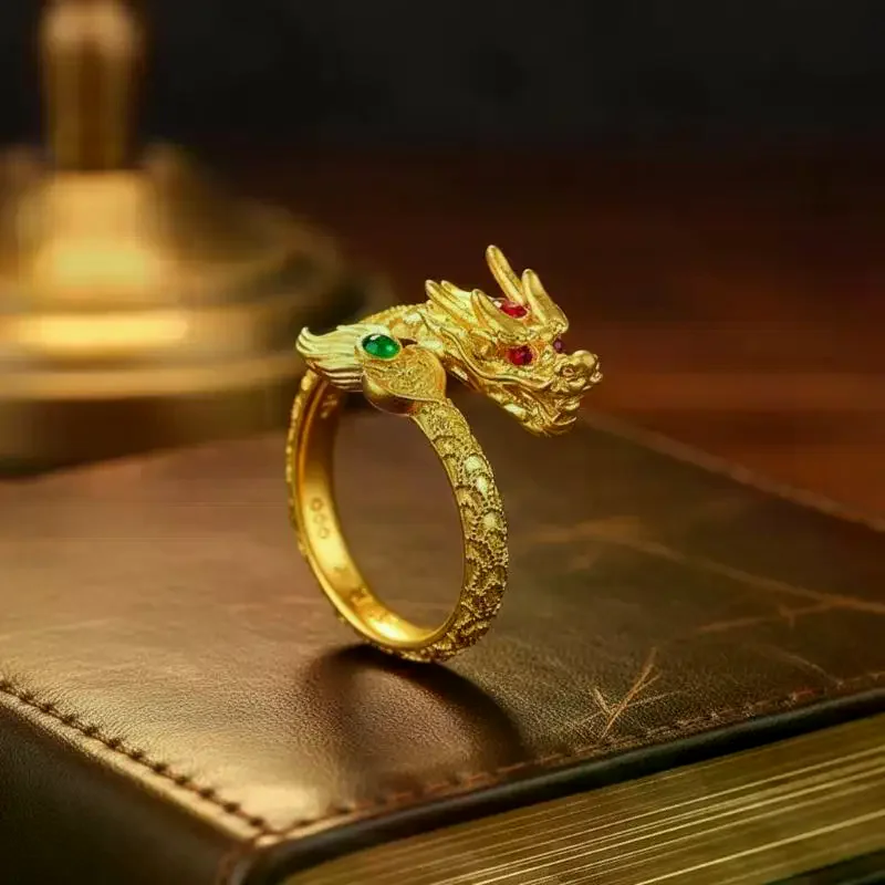 Gold-plated Open Ring with Exquisite Dragon and Phoenix for Fashion Lovers