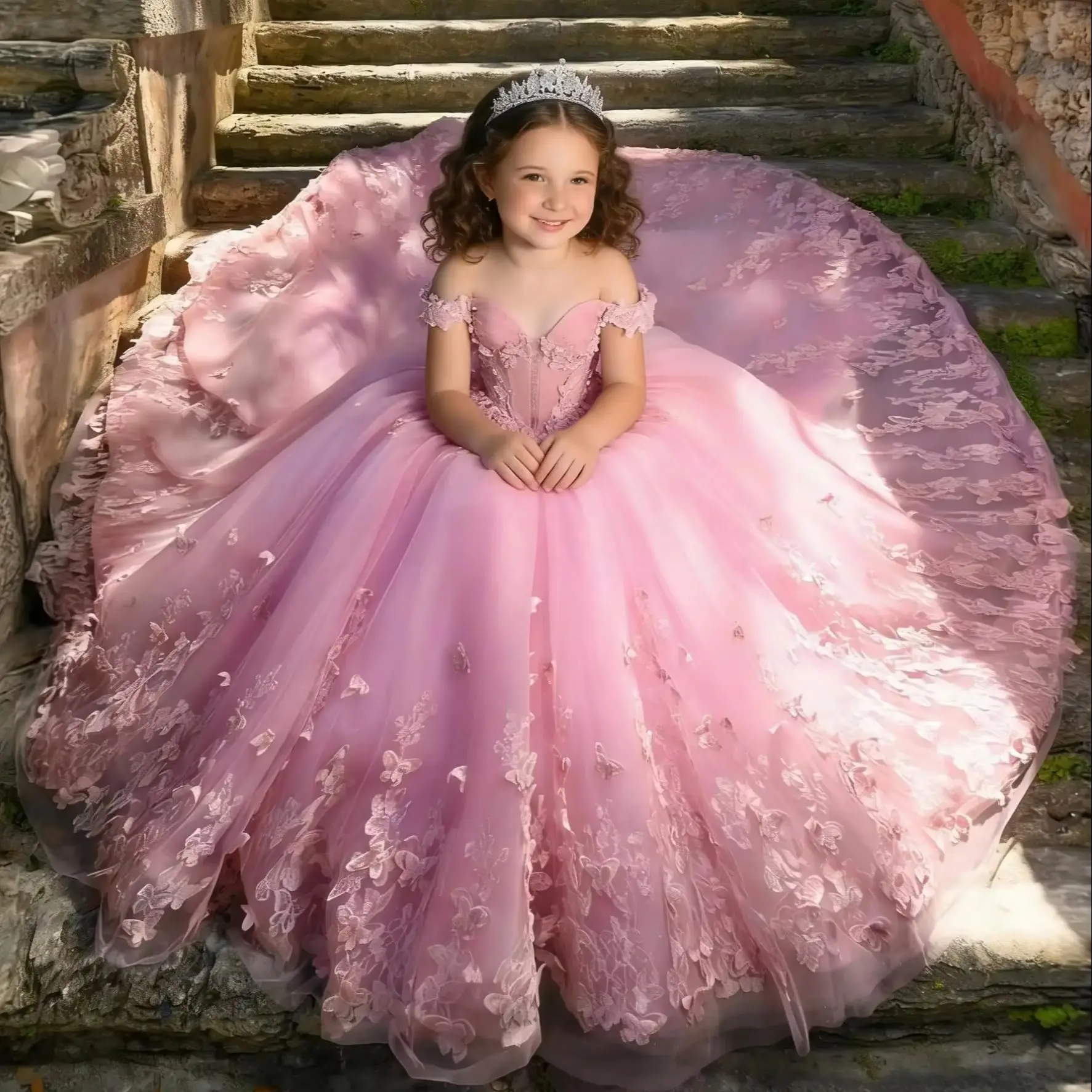 Wedding Flower Girl Dress 3D Butterfly with Ruffled Lace Applique Little Girl Prom Dress with Bow Pearl Girl Pageant Dress