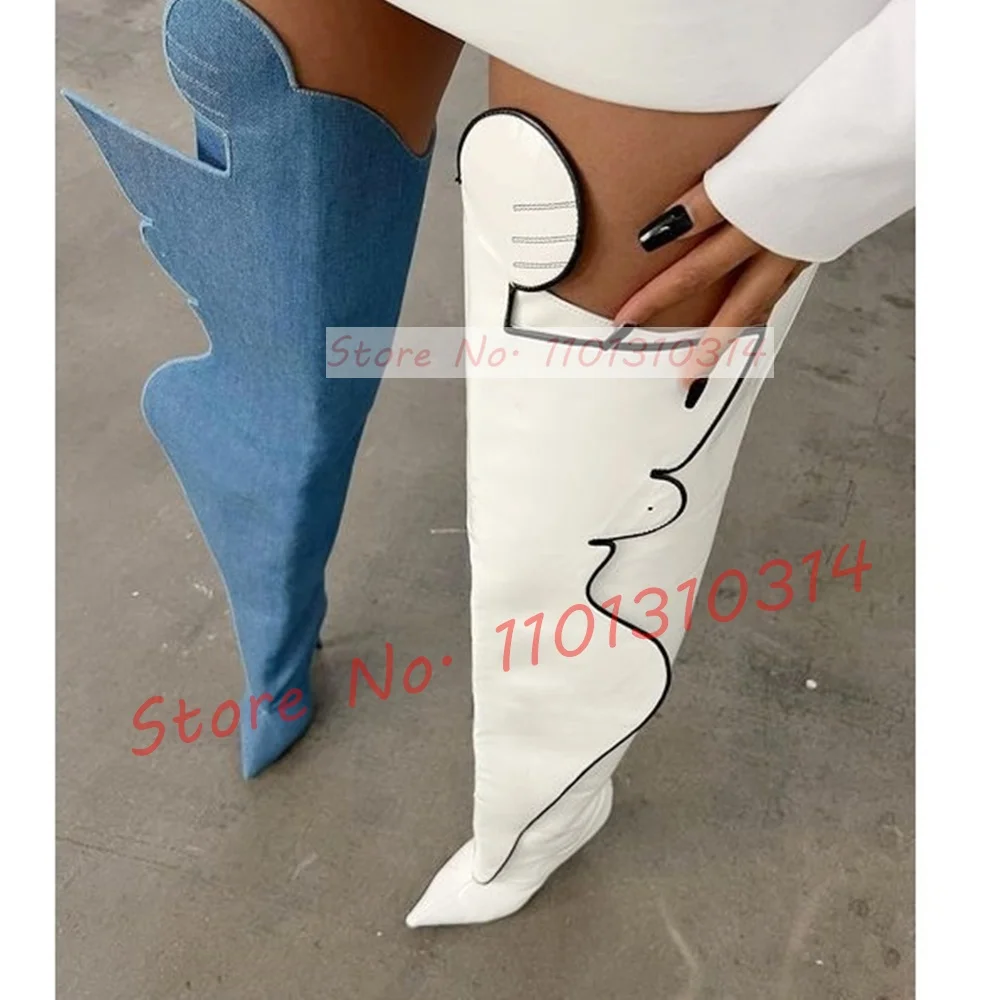 Leather Paneled Crotch Boots Women Novelty Thin High Heels Wide-fit White Long Boots Sexy Ladies Pointed Toe Elegant Shoes