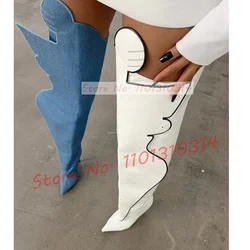 Leather Paneled Crotch Boots Women Novelty Thin High Heels Wide-fit White Long Boots Sexy Ladies Pointed Toe Elegant Shoes