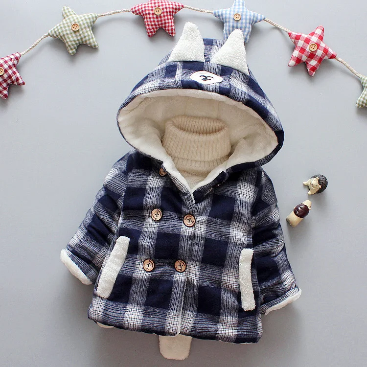 

Winter clothing for boys and girls aged 1-4 years old, with thick fleece and checkered double breasted cotton jacket for infants