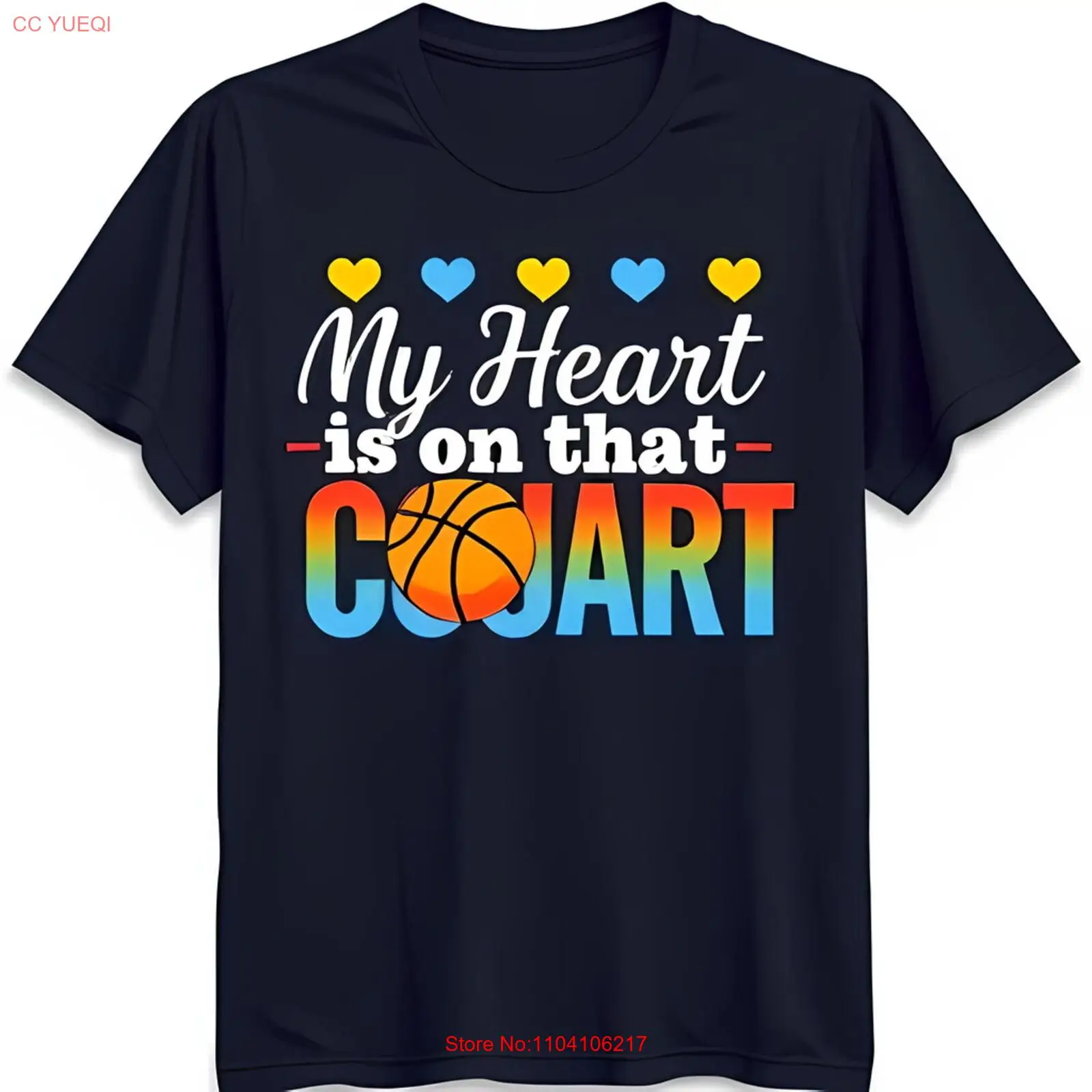 

Men's Black T-Shirt with Colorful 'My Heart is on that Court' Graphic & Hearts