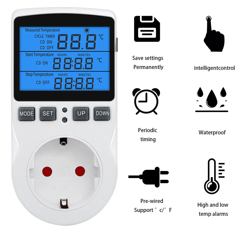 Picture 5: Digital Temperature Controller LCD Blue Backlight Heating and Cooling Thermostat Socket With Sensor For Greenhouse Refrigerator