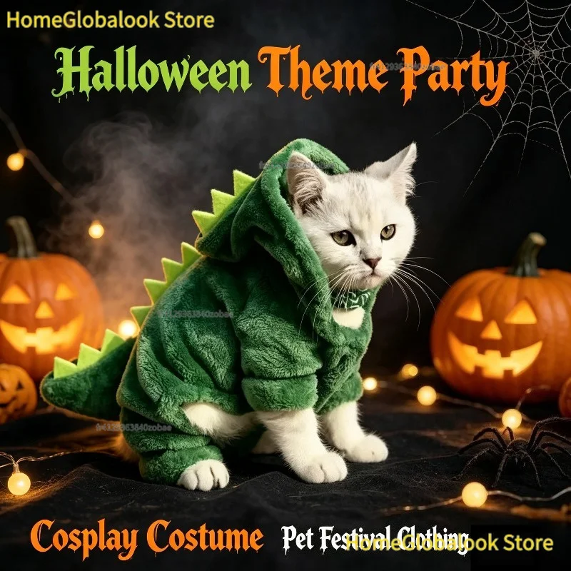 Lustiges Dinosaurier-Haustier-Halloween-Kostüm, Winter-Warmer Weicher Fleece-Hoodie-Pullover für Kleine und Mittelgroße Hunde und Katzen, Halloween-Themenparty-Fotorequisiten,