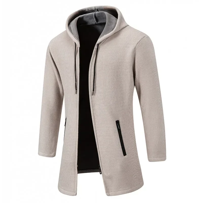 Winter Mens Fashion Hooded Long Coat Solid Color Warm Thick Casual Long Sleeve Zipper Jacket Mens Cardigan gabardina hombre