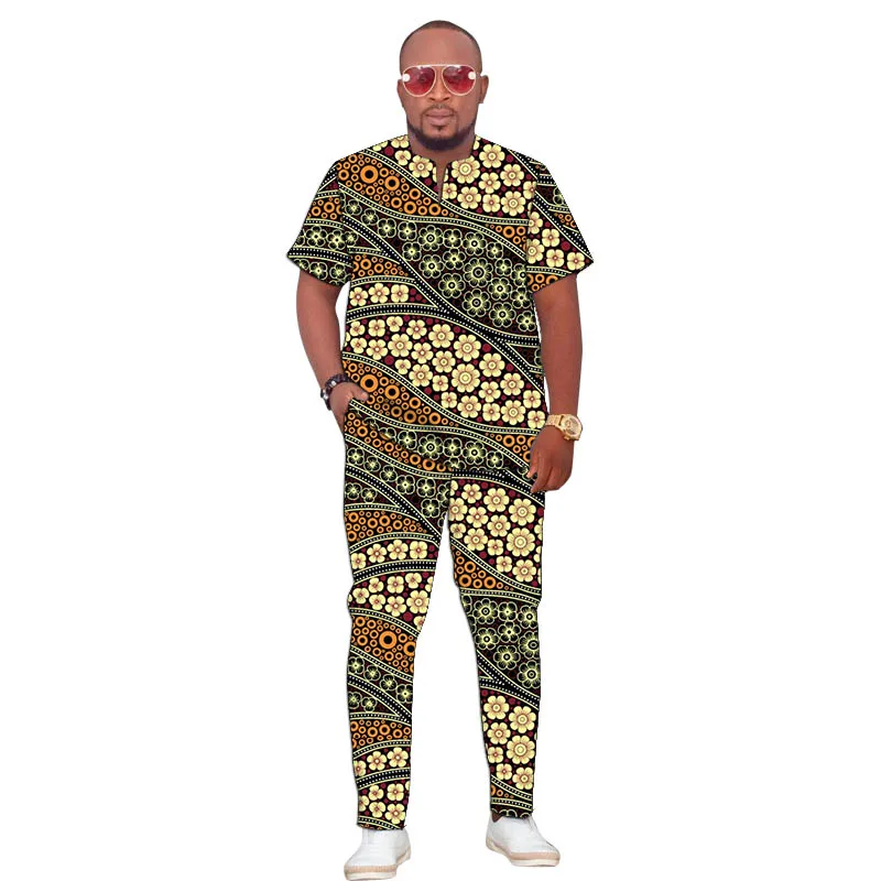 

African Design Couture V-neck Tops Patch Trousers African Print Men's Groom Suit Traditional Retro Style Festival Outfits