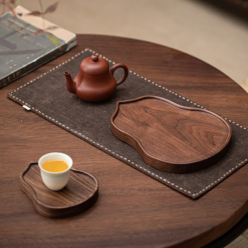 Chinese Retro Walnut Gourd Teapot Tray Solid Wood Dry Brew Platform Household Tea Table Decor Teapot Holder