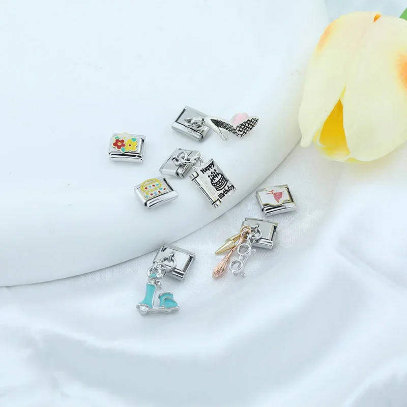 Hapiship New Fashion Glaze Flower Dancers Angel Nurse Charm Italian Link Fit DIY 9mm Stainless Steel Bracelet DIY Jewelry DJ571