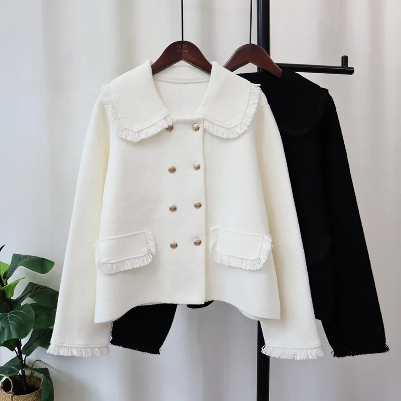 

Small Fragrance Design Blends Peter Pan Collar Double-breasted Tassel Coats Fashion Elegant Tops All Match Women's Clothing 2025