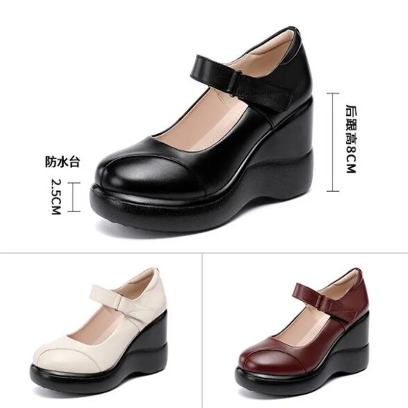 Genuine Leather Women Shoes Women Platform Pumps Women's Round toe Wedges Shoes Fashion Comfort Soft Cowhide Mom Shoes 32-43