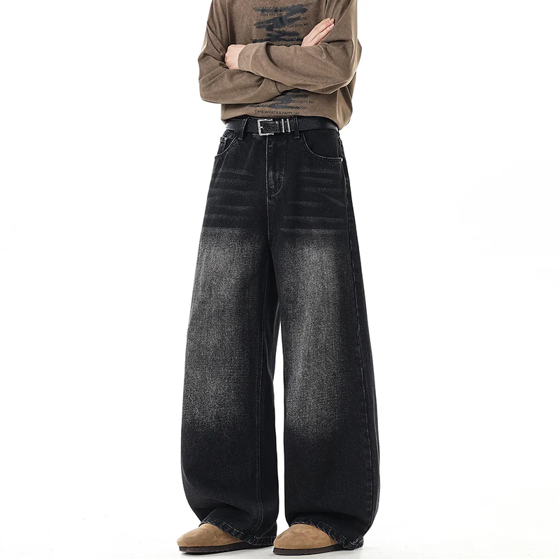American High Street Men Gradient Washed Denim Pants Vintage Straight Baggy Wide Leg Casual Jeans Trousers