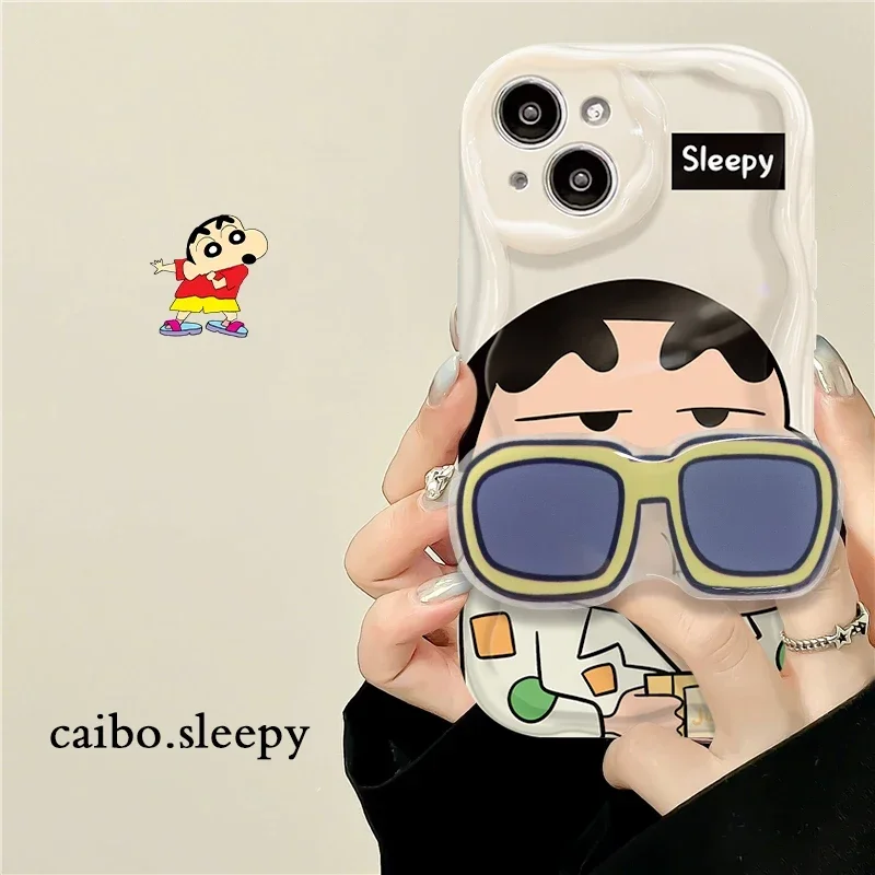 C-Crayon S-ShinChan Glasses Support Case for iPhone 15 14 11 Pro Max 13 12 Mini XR XS X 8 7 6 6S Plus SE 2020 Shockproof Cover