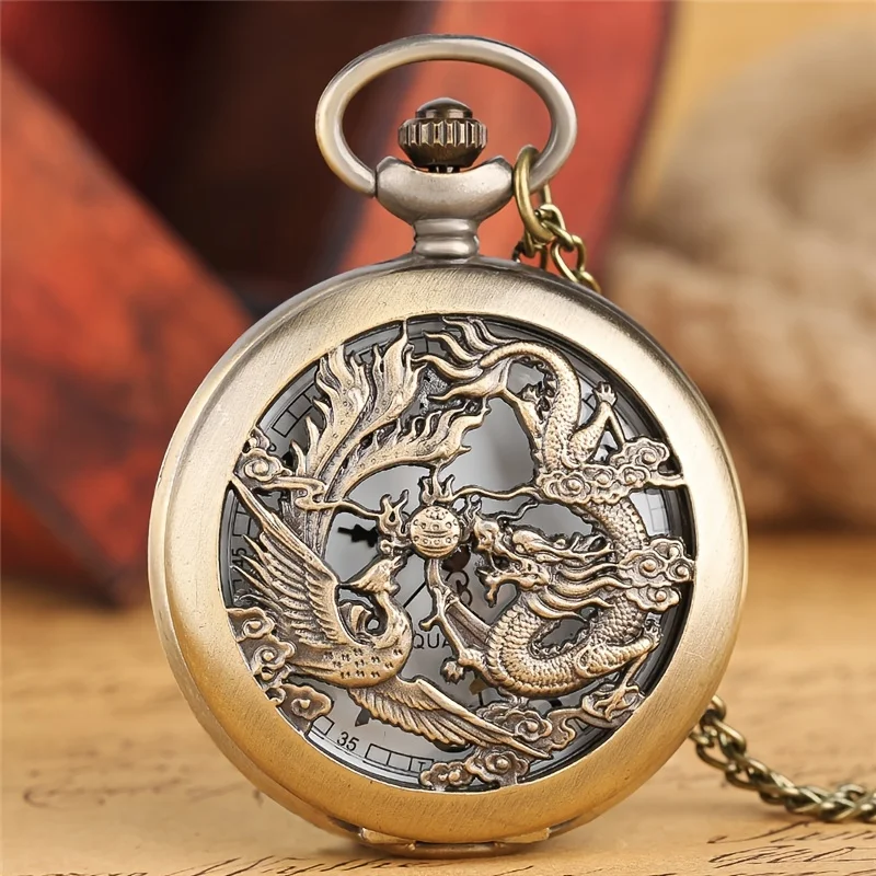 Retro Double Dragons Playing with Beads Quartz Pocket Watch With Necklace Chain Gift for Male Women Chronograph Hombre Relojes