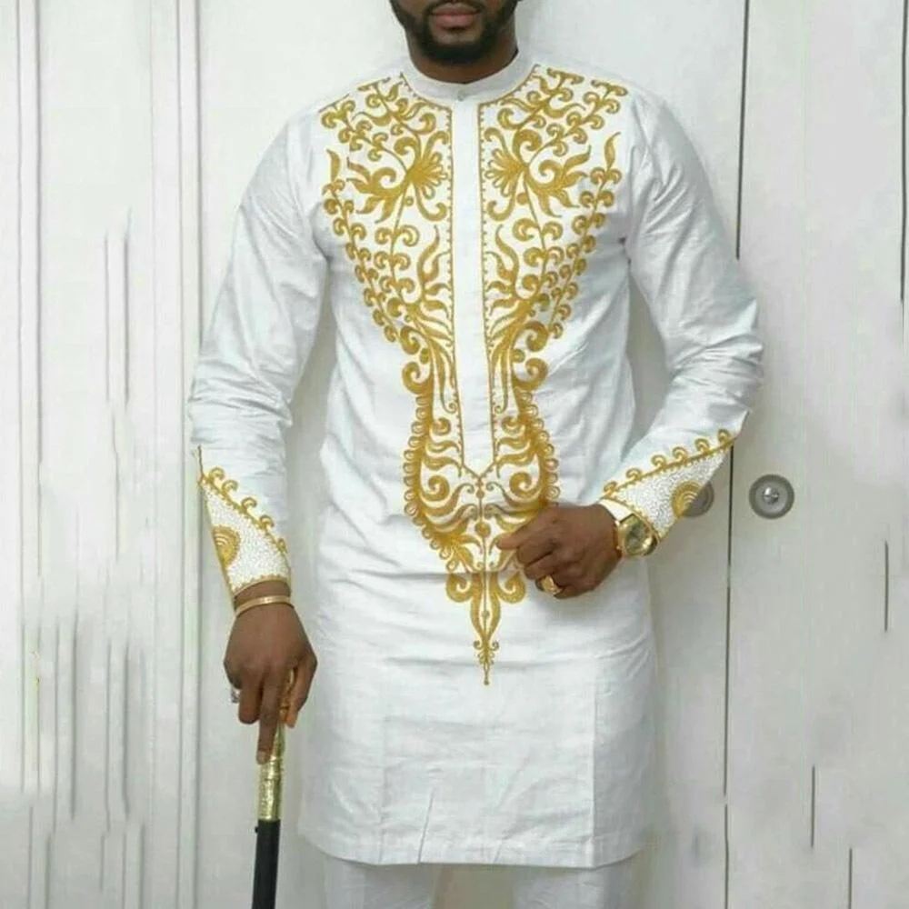 New African Traditional Herren Set Weiß High End Luxus Herren Set Hochzeit Herren Anzug Rundhals Langarm Zweiteiler Set