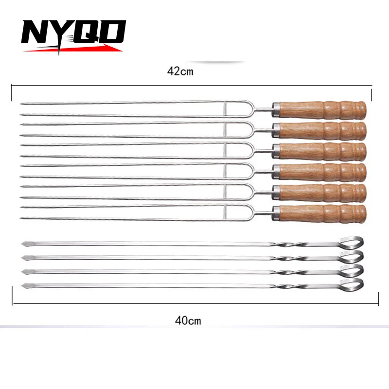 BBQ Outdoor Picnic Barbecue Fork Stainless Steel Skewers Wooden Handle Double Fork Camping Tools Set Tableware