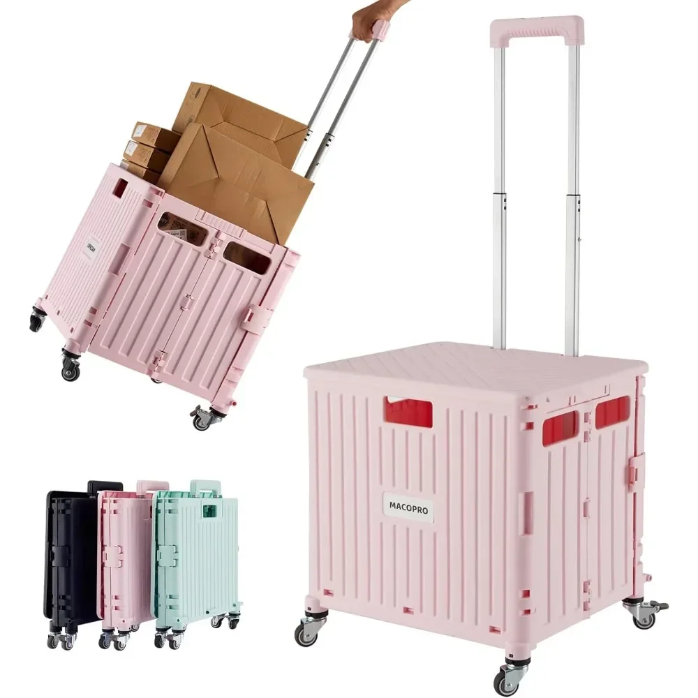 Folding Utility Cart Portable Rolling Crate Handcart Shopping Trolley Collapsible Tool Box, with Lid, Basket on 4 Rotate Wheels