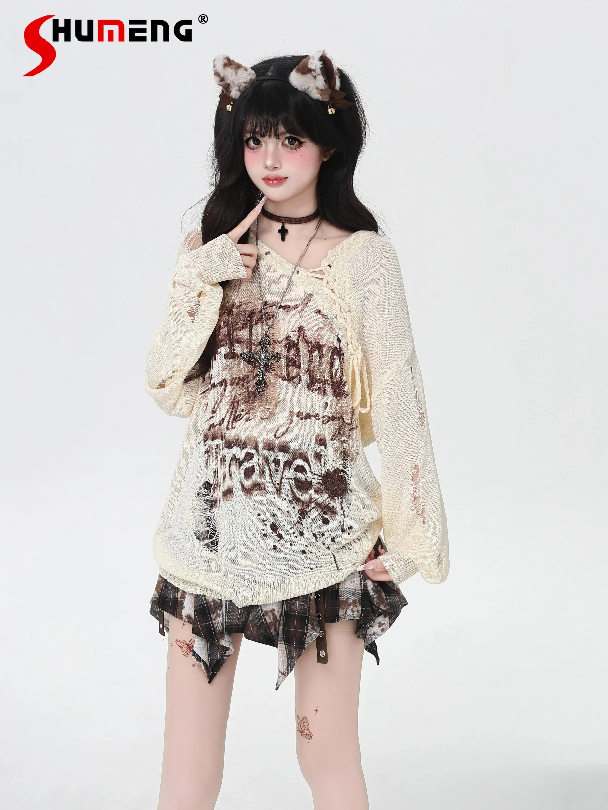 

American Retro Sweet Off-Shoulder Long Sleeve Graffiti Distressed Loose Casual Versatile Sheer Knitted T-Shirt Tops Women Autumn