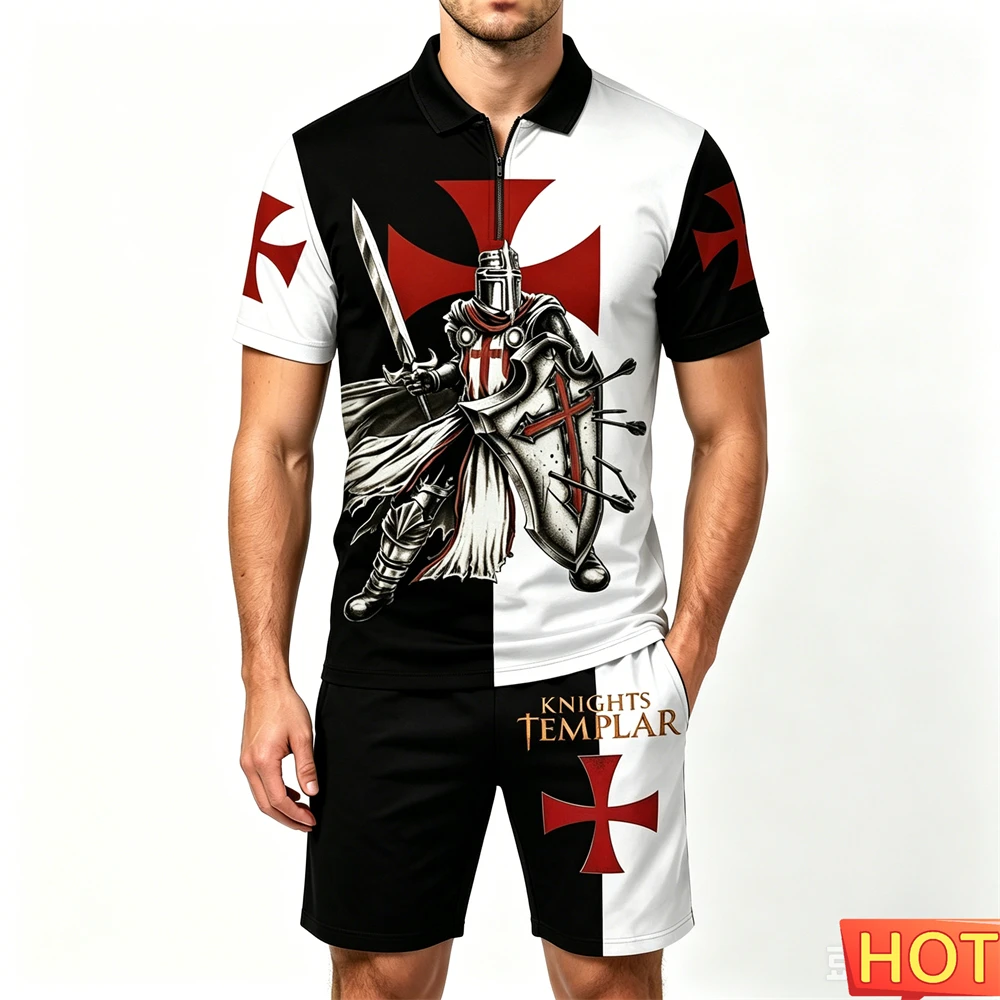 Summer Men's Sets Crusader Knights Print Zip Polo Shirt and Shorts 2 Piece Street Hip Hop Men's Outfit Casual Short Sleeve Suit view 6