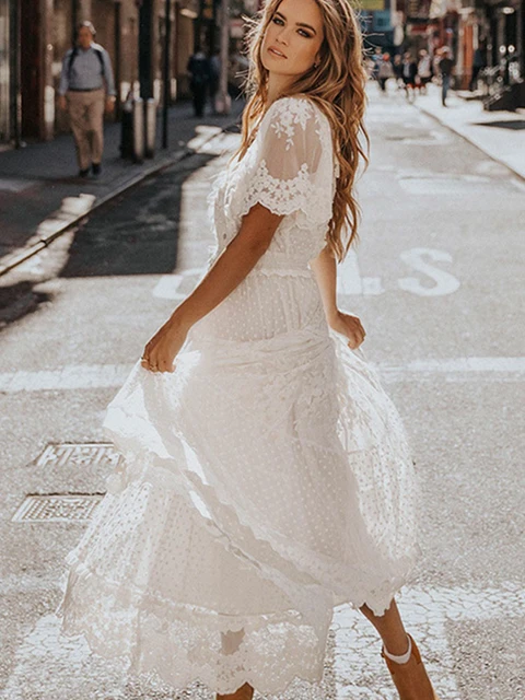 Hollow Out White Dress Sexy Women Lace Long Dress Cross Semi Sheer Plunge V Neck Short Sleeve Lace Maxi Dress Vestido De Mujer AliExpress