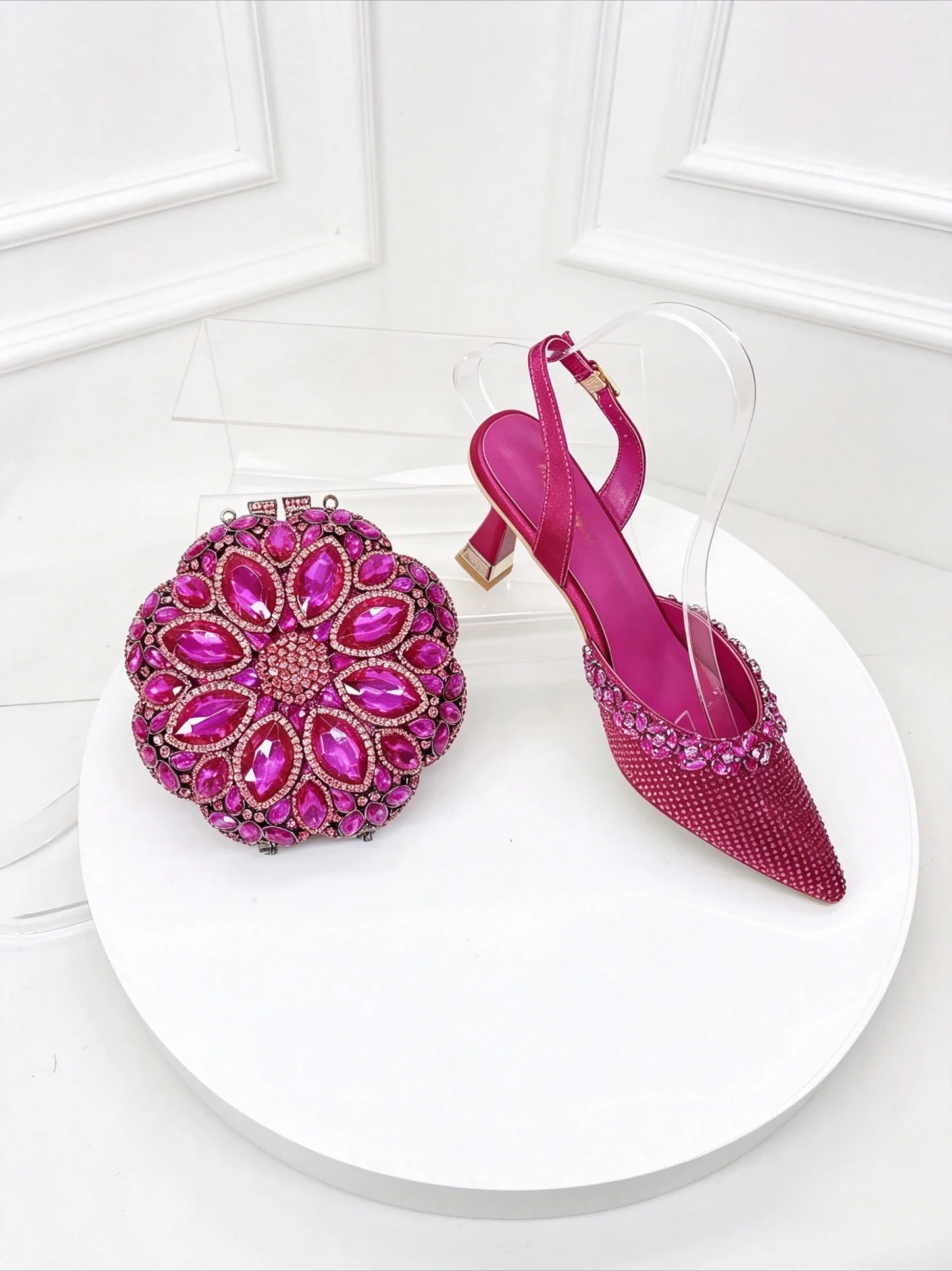 

2026 Spring Summer Rhinestone Closed Toe Heels Heightening Slim Shoes Runway Shoes Party Evening Banquet Fashion Shoes & Bag Set